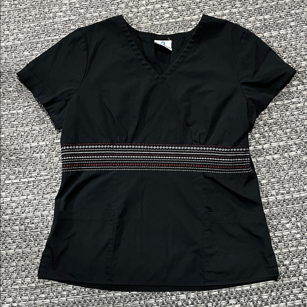 02 Scrubs | Black V-Neck Scrub Top with Stitched Waist Detail